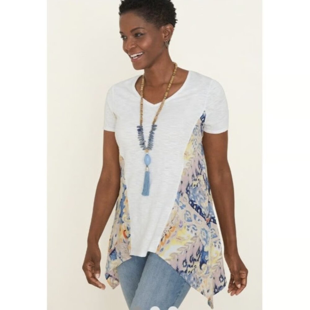 Chico's Mixed Media Round Neck Stretch Patchwork Boho Top size‎ Large 2